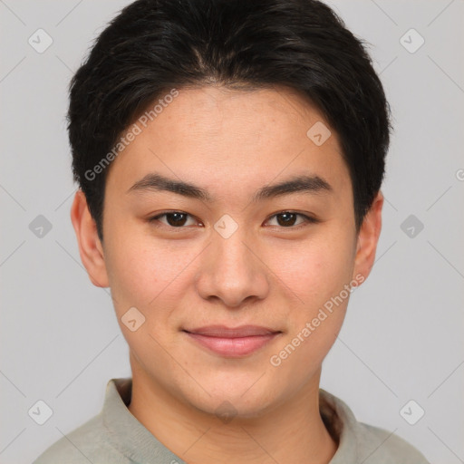 Joyful asian young-adult male with short  brown hair and brown eyes