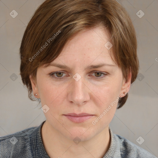 Joyful white young-adult female with medium  brown hair and blue eyes