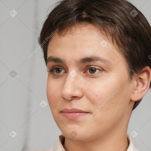 Neutral white young-adult female with short  brown hair and brown eyes