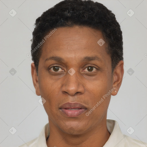 Neutral latino adult male with short  black hair and brown eyes