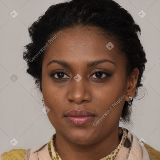 Joyful latino young-adult female with short  black hair and brown eyes