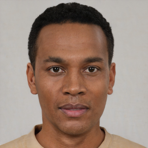 Neutral black young-adult male with short  black hair and brown eyes
