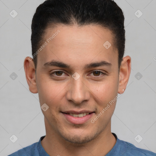 Joyful white young-adult male with short  brown hair and brown eyes