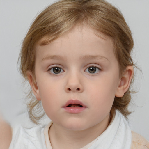 Neutral white child female with medium  brown hair and blue eyes