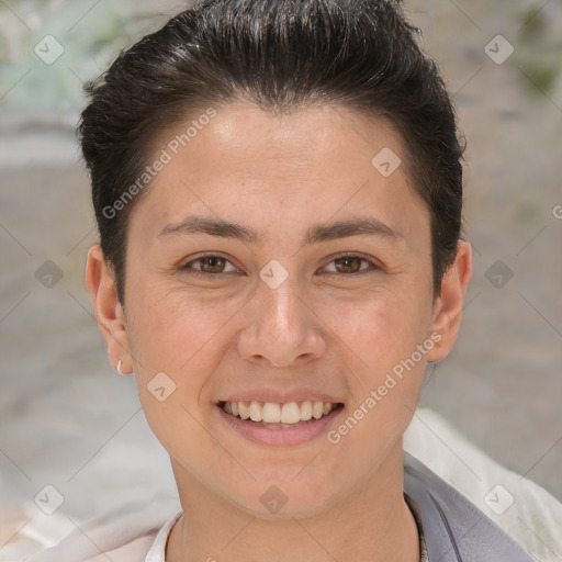 Joyful white young-adult female with short  brown hair and brown eyes