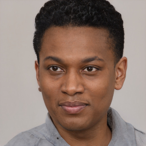 Neutral black young-adult male with short  black hair and brown eyes