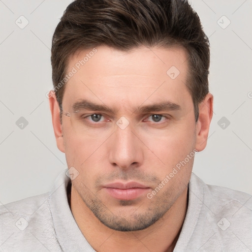 Neutral white young-adult male with short  brown hair and brown eyes