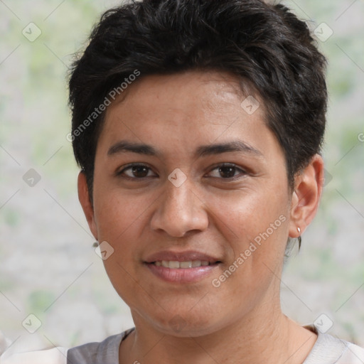 Joyful white young-adult female with short  brown hair and brown eyes