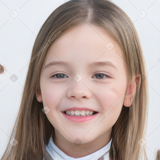 Joyful white child female with medium  brown hair and brown eyes