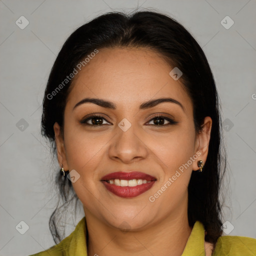 Joyful latino young-adult female with medium  brown hair and brown eyes