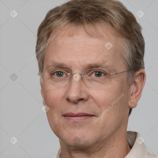 Joyful white middle-aged male with short  brown hair and brown eyes