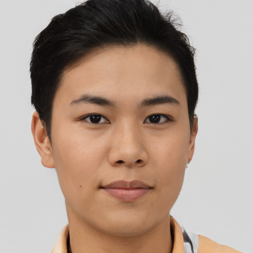 Neutral asian young-adult female with short  brown hair and brown eyes