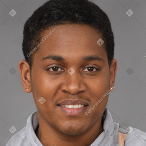 Joyful latino young-adult male with short  brown hair and brown eyes