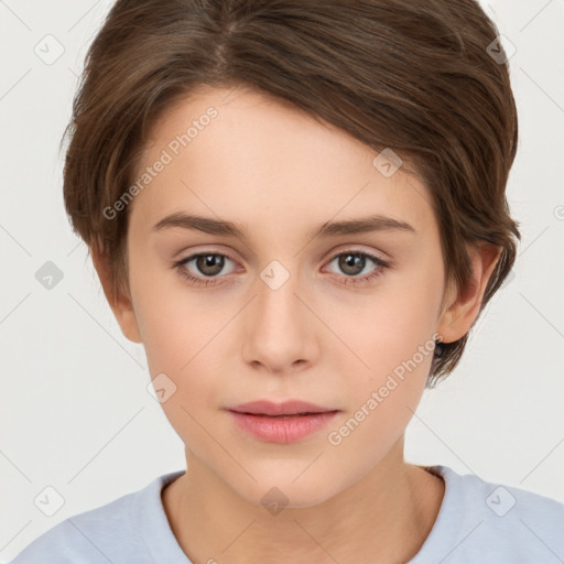 Neutral white young-adult female with short  brown hair and brown eyes