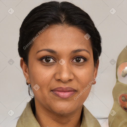 Joyful black young-adult female with medium  brown hair and brown eyes