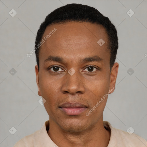Neutral black young-adult male with short  black hair and brown eyes