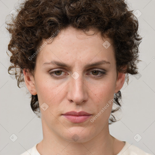 Neutral white young-adult female with short  brown hair and brown eyes