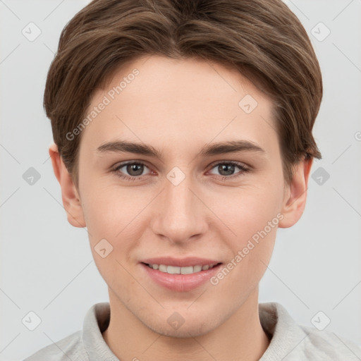 Joyful white young-adult female with short  brown hair and grey eyes