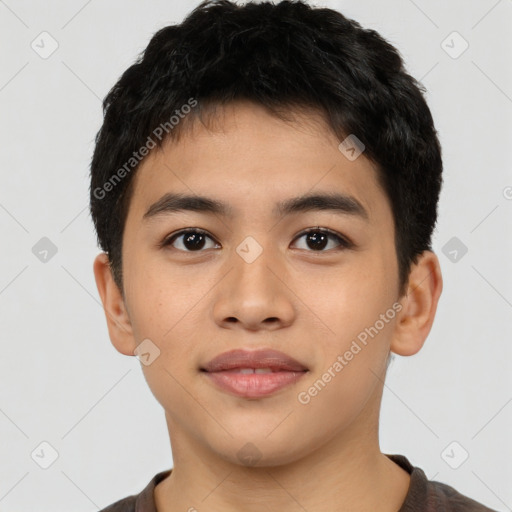 Joyful latino young-adult male with short  brown hair and brown eyes