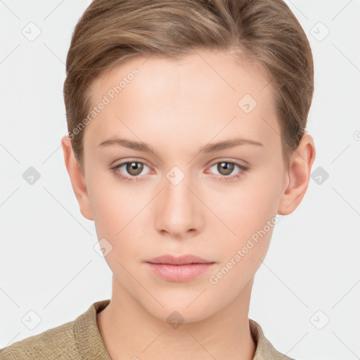 Neutral white young-adult female with short  brown hair and brown eyes