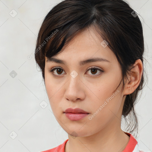 Neutral asian young-adult female with medium  brown hair and brown eyes