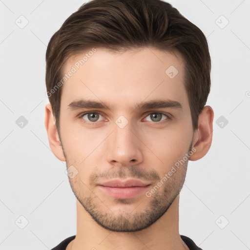 Neutral white young-adult male with short  brown hair and brown eyes