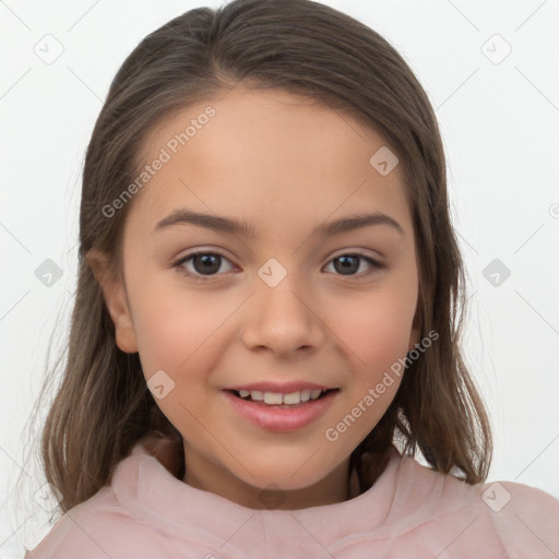 Joyful white child female with medium  brown hair and brown eyes