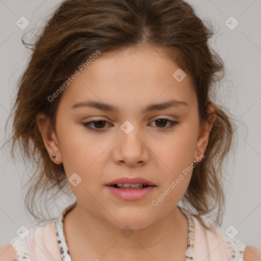 Joyful white child female with medium  brown hair and brown eyes