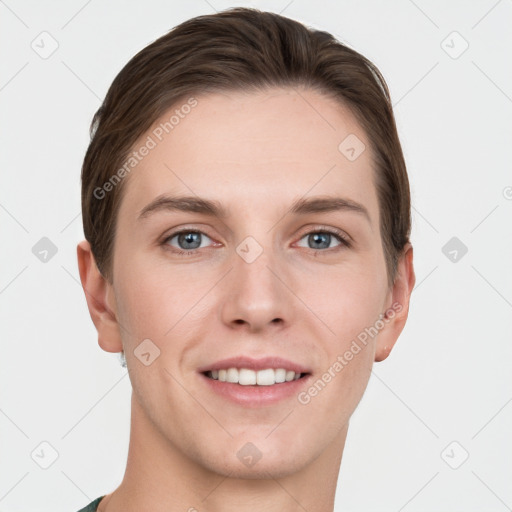 Joyful white young-adult female with short  brown hair and grey eyes