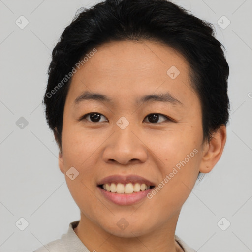 Joyful asian young-adult female with short  brown hair and brown eyes