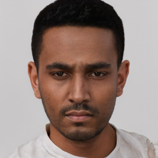 Neutral black young-adult male with short  black hair and brown eyes