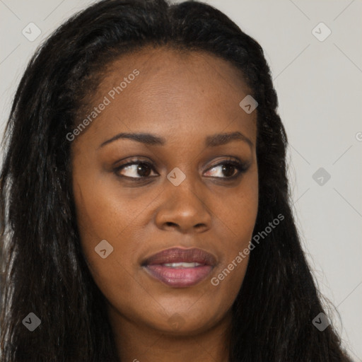 Joyful black young-adult female with long  brown hair and brown eyes