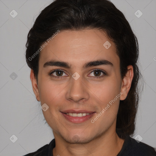 Joyful white young-adult female with short  brown hair and brown eyes