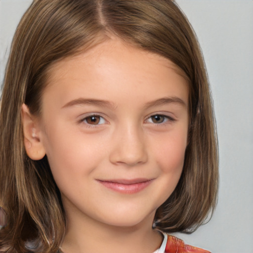 Joyful white child female with medium  brown hair and brown eyes