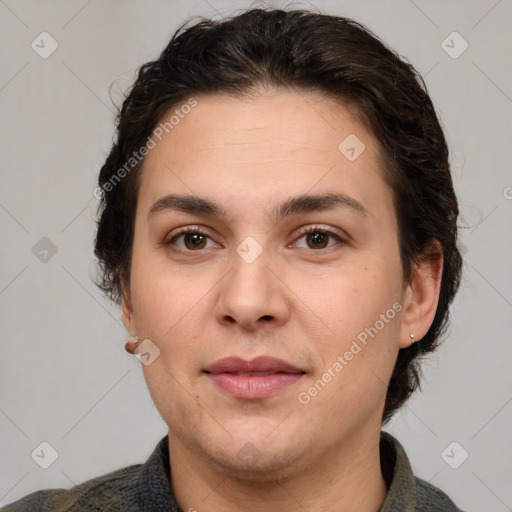 Joyful white young-adult female with short  brown hair and brown eyes