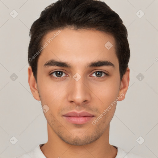 Neutral white young-adult male with short  brown hair and brown eyes