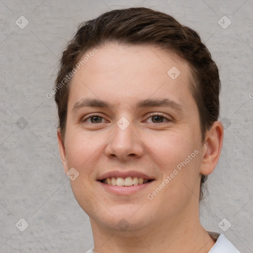 Joyful white young-adult female with short  brown hair and brown eyes