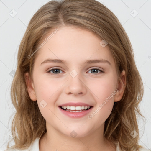 Joyful white child female with medium  brown hair and brown eyes