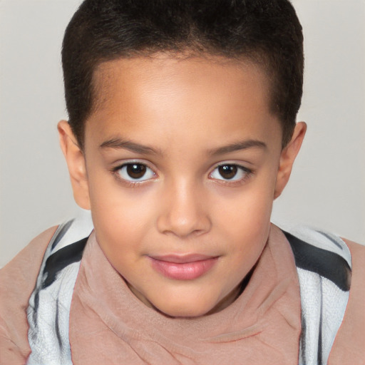 Joyful white child female with short  brown hair and brown eyes