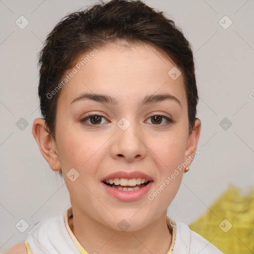 Joyful white young-adult female with short  brown hair and brown eyes