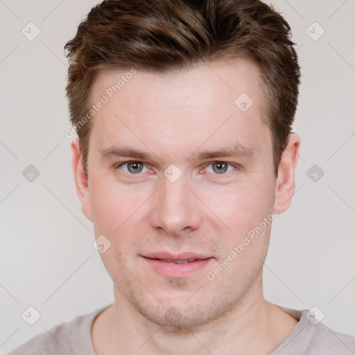 Neutral white young-adult male with short  brown hair and grey eyes