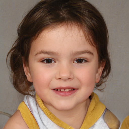 Joyful white child female with medium  brown hair and brown eyes