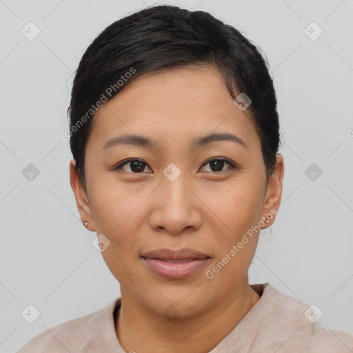 Neutral asian young-adult female with short  black hair and brown eyes