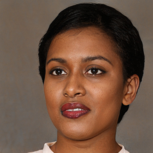 Neutral black young-adult female with short  black hair and brown eyes