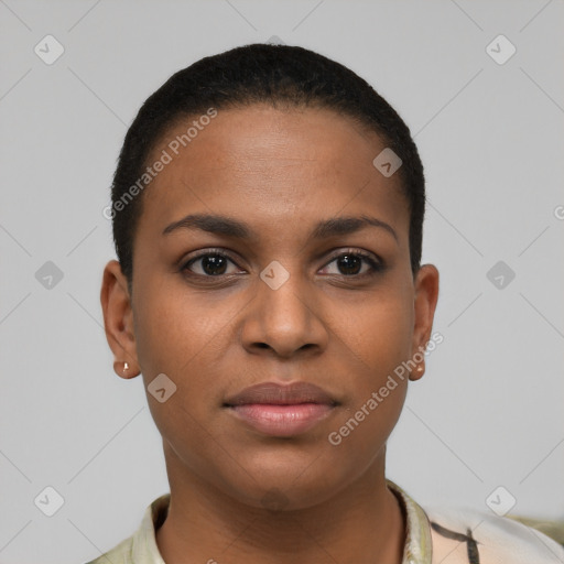 Joyful latino young-adult female with short  brown hair and brown eyes