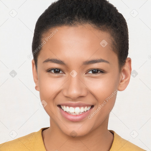 Joyful latino young-adult female with short  brown hair and brown eyes