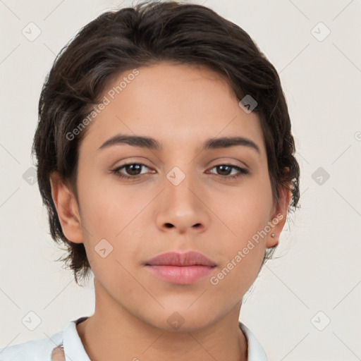 Neutral white young-adult female with medium  brown hair and brown eyes