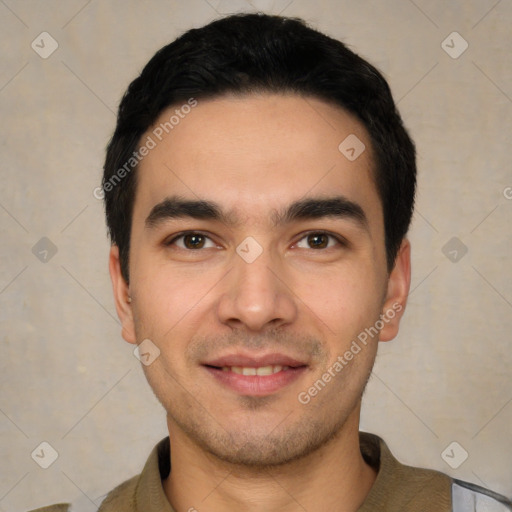 Joyful white young-adult male with short  black hair and brown eyes