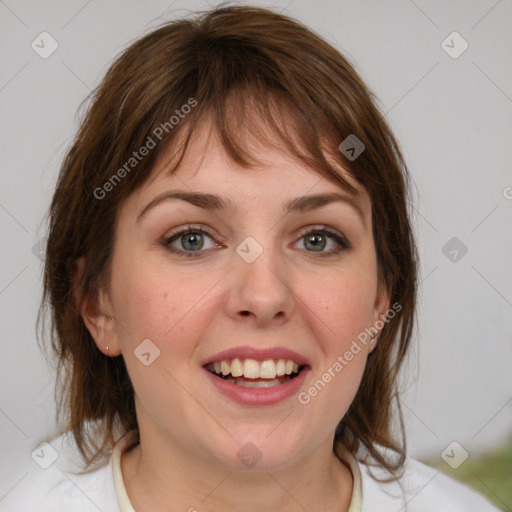 Joyful white young-adult female with medium  brown hair and blue eyes