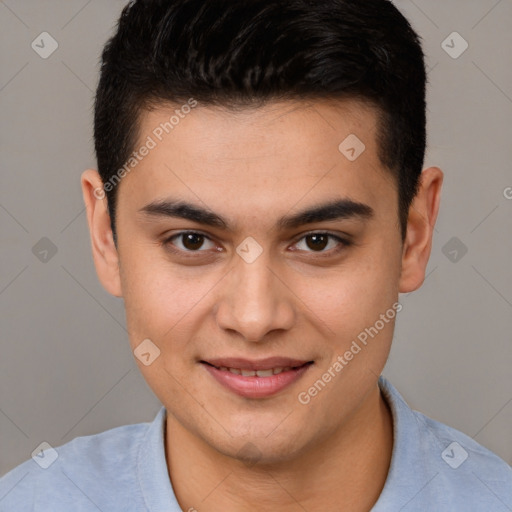 Joyful white young-adult male with short  brown hair and brown eyes